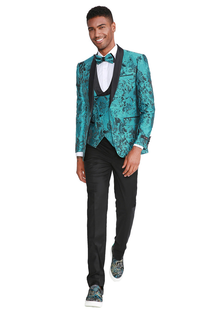 Men's Slim Fit One Button Vested Paisley Shawl Lapel Prom Tuxedo in Turquoise