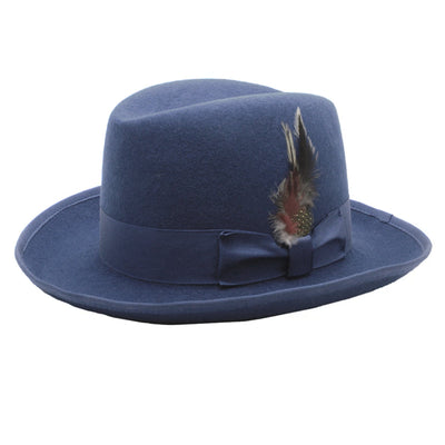 Mens Classic Gangster Godfather Wool Dress Hat in Navy Blue