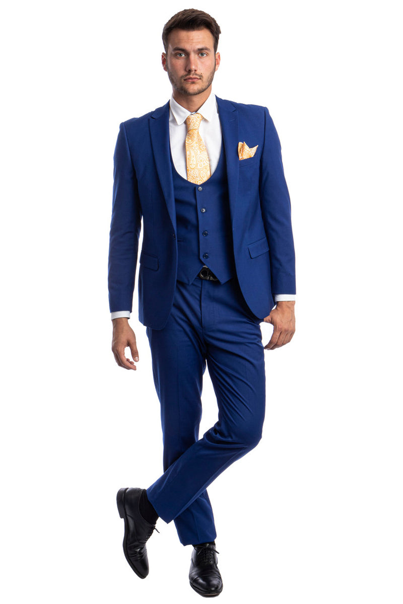 Men's One Button Peak Lapel Skinny Wedding & Prom Suit with Lowcut Vest in Indigo Blue