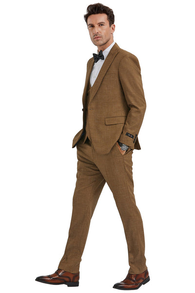 Men's Slim Fit One Button Peak Lapel Suit with Double Breasted Vest in Camel Sharkskin