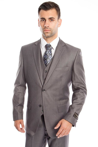 Men's Vested Two Button Solid Color Wedding & Business Suit in Grey