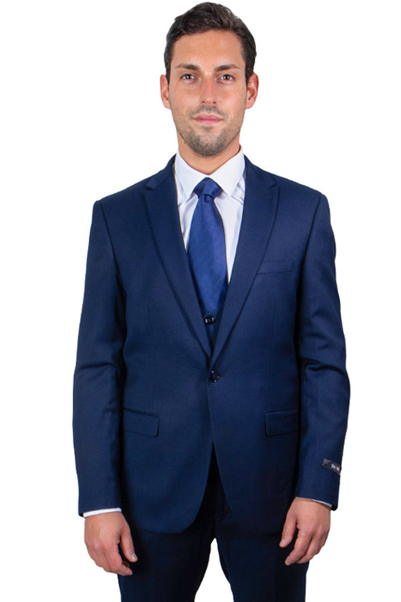 Men's One Button Peak Lapel Skinny Wedding & Prom Suit with Lowcut Vest in Navy Blue