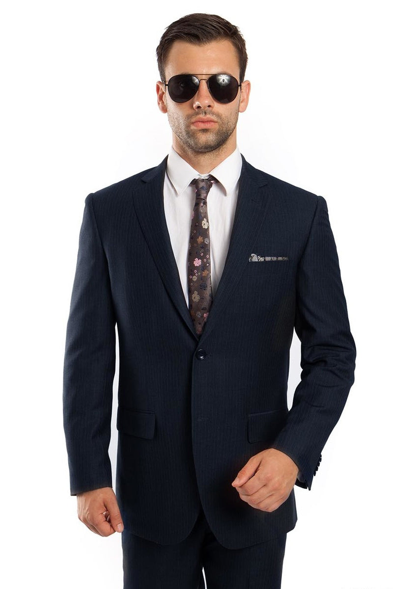 Men's Two Button Regular Fit Micro Pinstripe Business Suit in Navy Blue