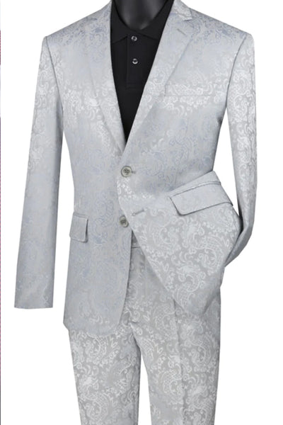 Men's Slim Fit Shiny Paisley Prom & Wedding Suit in Silver Grey