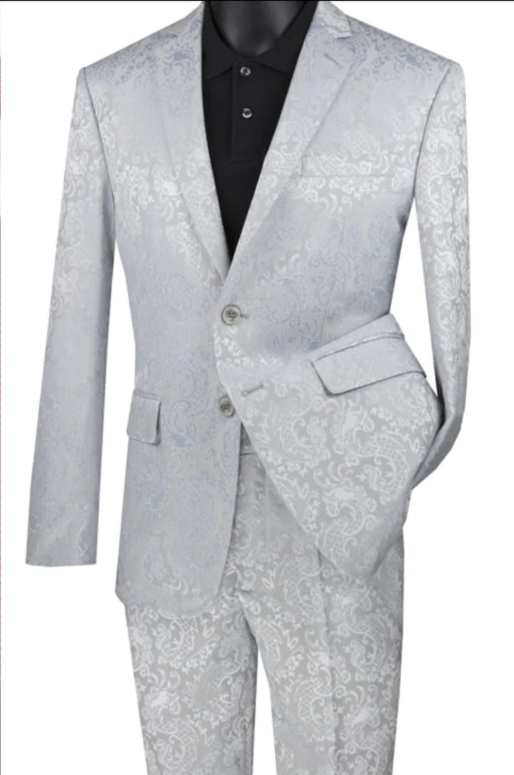 Men's Slim Fit Shiny Paisley Prom Wedding Suit in Silver Grey