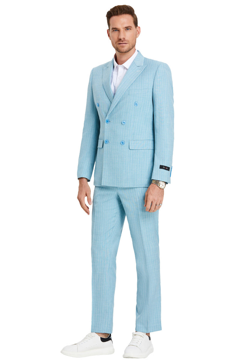 Men's Slim Fit Double Breasted Summer Pastel Suit in Teal Blue Pinstripe