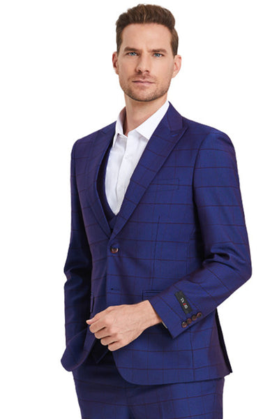 Men's Two Button Vested Peak Lapel Sharkskin Suit in Indigo Blue Windowpane Plaid