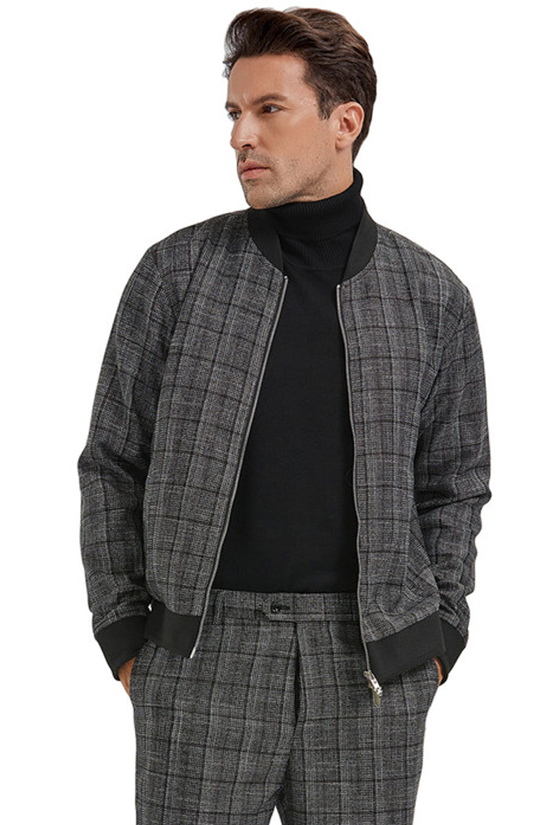 Men's Casual Walking Track Suit Jacket & Pant Set in Black Plaid