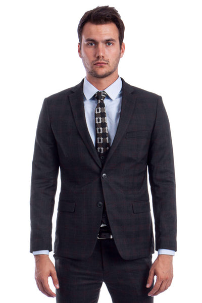 Men's Two Button Vested Skinny Fit Suit with Low Cut Vest in Black Plaid