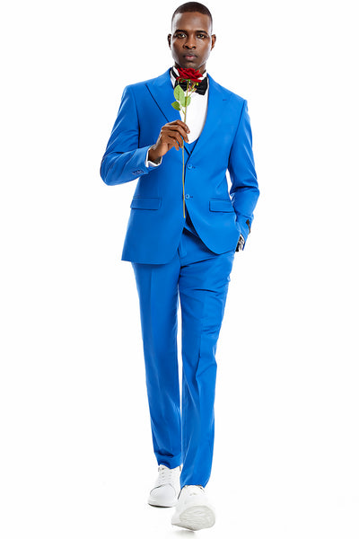 Men's Two Button Vested Peak Lapel Pastel Wedding & Prom Suit in Royal Blue