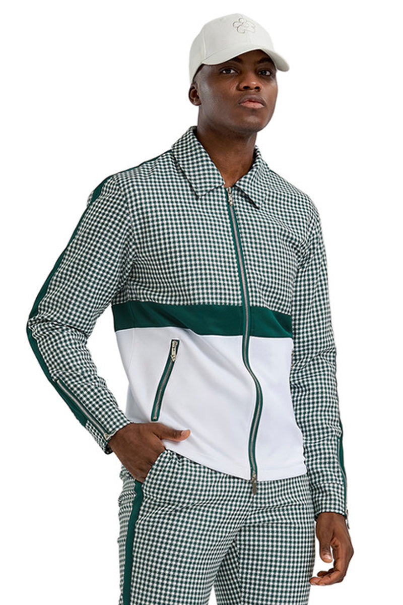 Men's Casual Walking Suit Jacket & Pant Set in Hunter Green Houndstooth