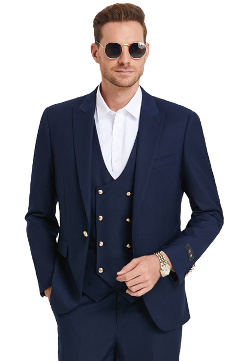 Men's One Button Peak Lapel Vested Suit with Gold Buttons in Navy Blue