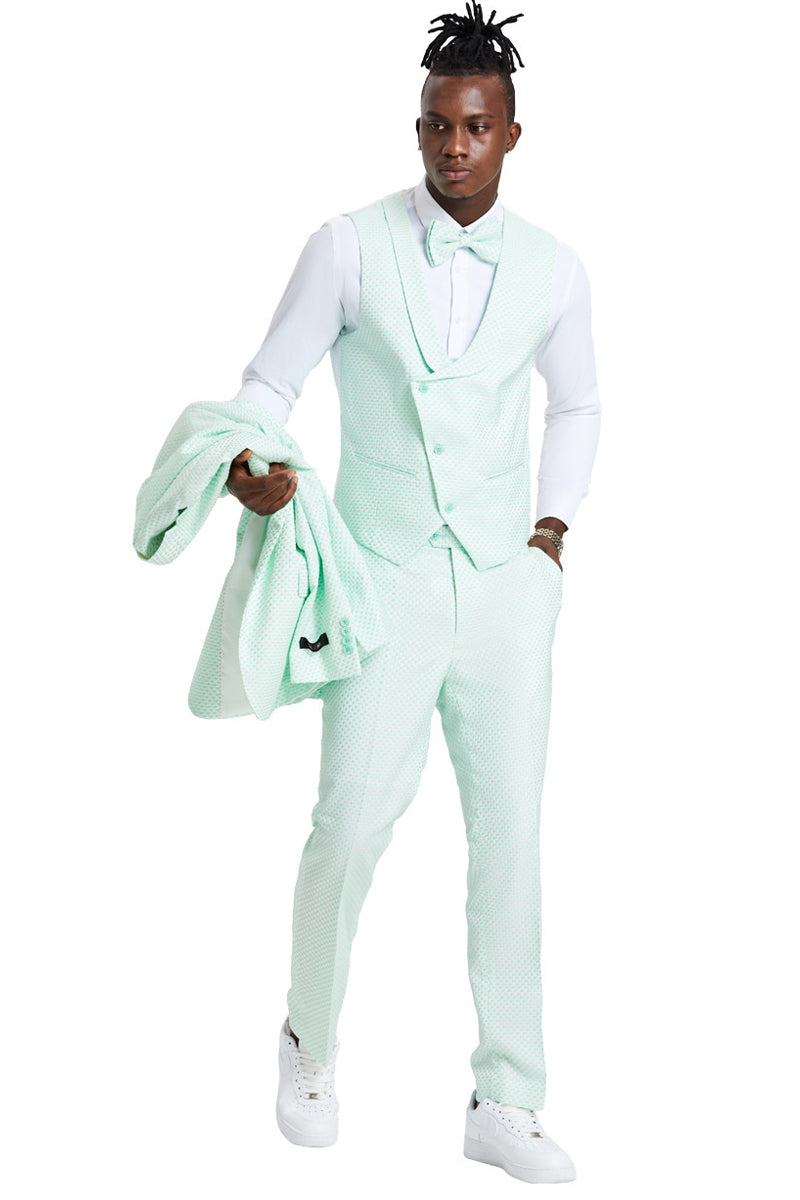 Men's One Button Double Brested Vest Notch Lapel Prom & Wedding Suit in Mint Green Polka Dot