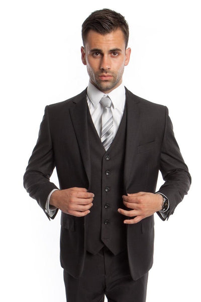 Men's Vested Two Button Solid Color Wedding & Business Suit in Dark Grey