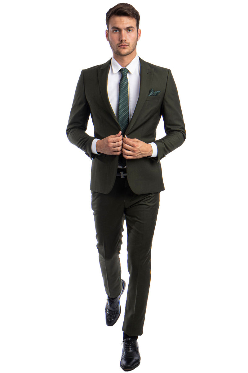 Men's One Button Peak Lapel Basic Slim Fit Suit in Dark Olive Green