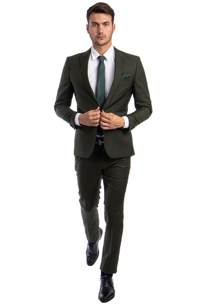 Men's One Button Peak Lapel Basic Slim Fit Suit in Dark Olive Green