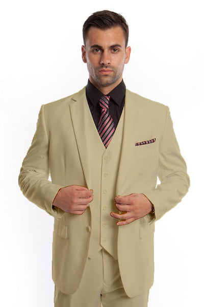 Men's Vested Two Button Solid Color Wedding & Business Suit in Sand