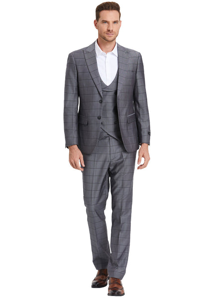 Men's Two Button Vested Peak Lapel Sharkskin Suit in Charcoal Grey Windowpane Plaid