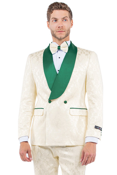 Men's Slim Fit Double Breasted Paisley Smoking Jacket Prom & Wedding Tuxedo in Ivory & Emerald Green