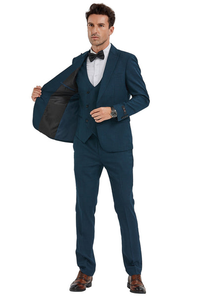 Men's Slim Fit One Button Peak Lapel Suit with Double Breasted Vest in Dark Teal Sharkskin