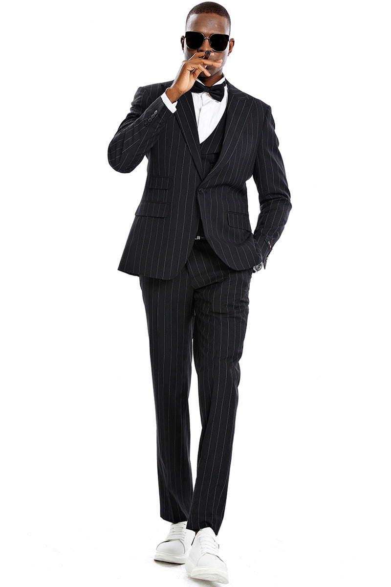 Men's One Button Vested Wide Peak Lapel Bold Gangster Pinstripe Suit in Black