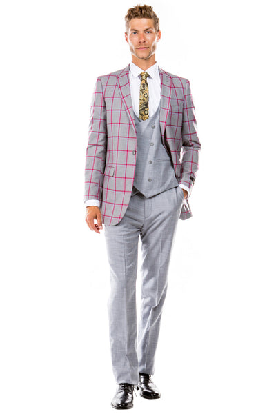 Men's One Button Peak Lapel Grey & Red Windowpane Plaid Suit with Double Breasted Vest