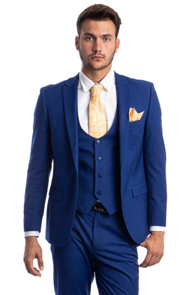 Men's One Button Peak Lapel Skinny Wedding & Prom Suit with Lowcut Vest in Indigo Blue