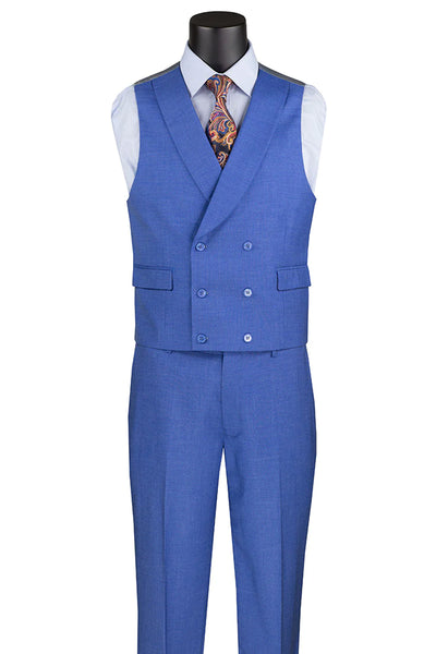Men's Summer Sharkskin Suit with Double Breasted Vest in French Blue
