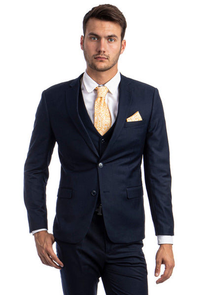 Men's Two Button Slim Fit Vested Solid Basic Color Suit in Navy Blue