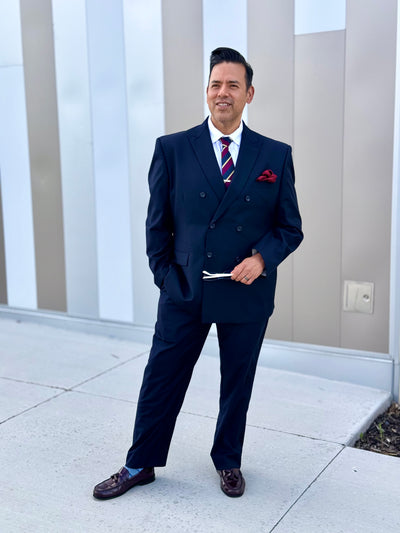 Mens Classic Double Breasted Poplin Suit in Navy Blue Blue