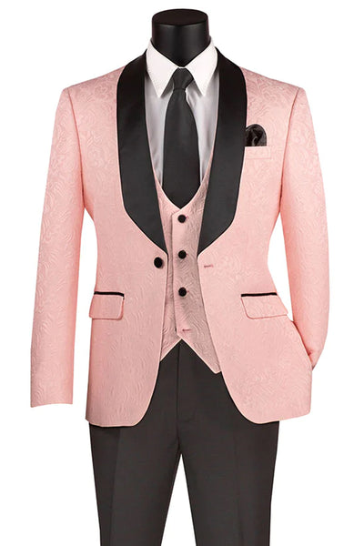 Men's Slim Fit Vested Paisley Wedding Tuxedo in Blush Pink