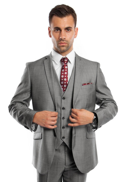Men's Two Button Vested Business Sharkskin Suit in Grey