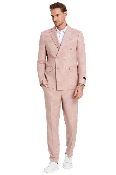 Men's Slim Fit Double Breasted Summer Pastel Suit in Rose Pink Pinstripe