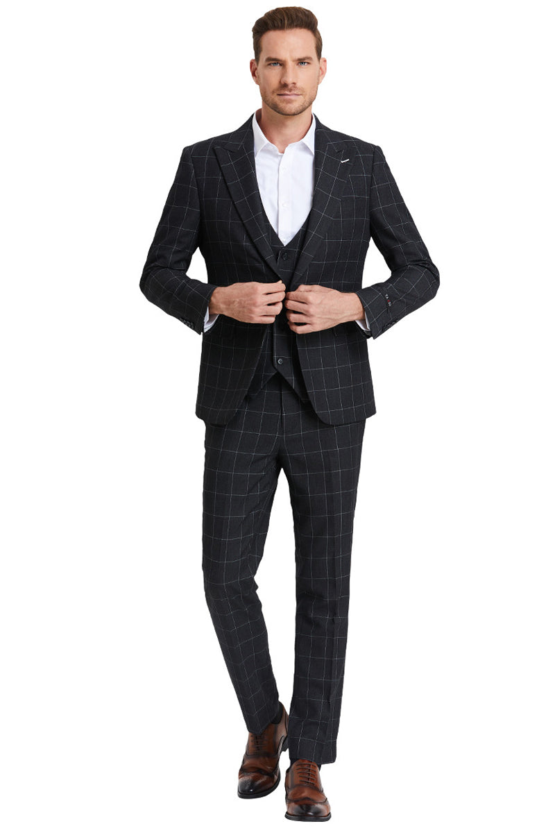 Men's One Button Peak Lapel Vested Bold Chalk Windowpane Plaid Suit in Black