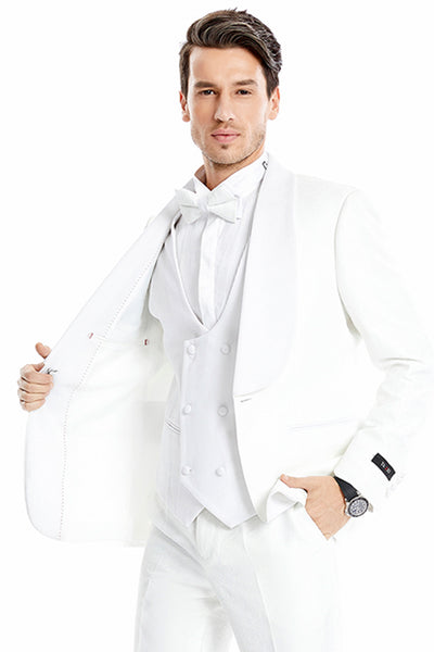 Men's One Button Vested Wide Shawl Lapel Lace Style Paisley Prom & Wedding Tuxedo in White