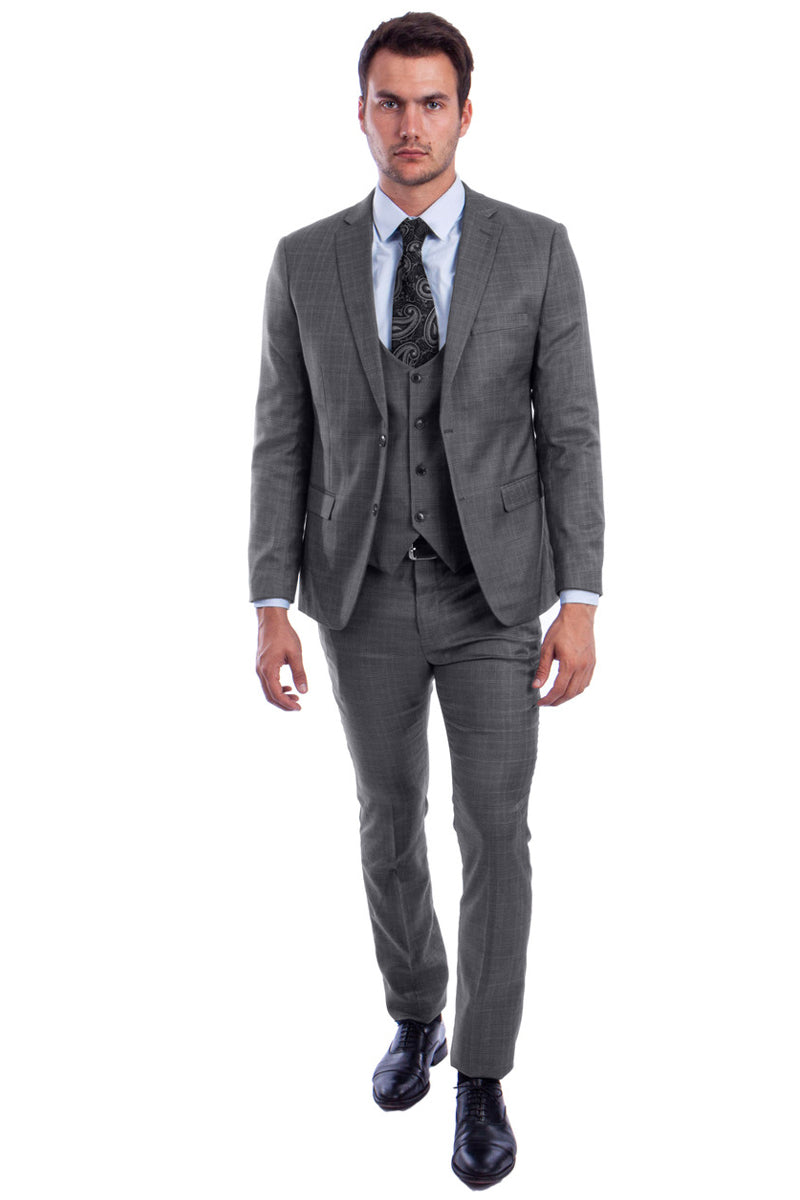 Men's Two Button Vested Skinny Fit Suit with Low Cut Vest in Grey Plaid