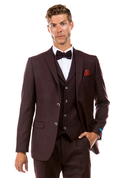 Men's Two Button Vested Vintage Style Tweed Wedding Suit in Burgundy