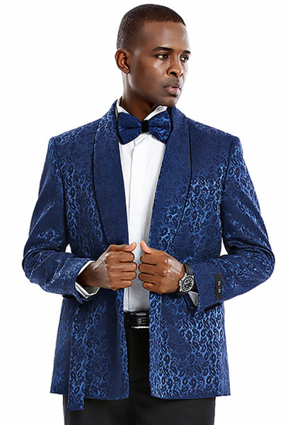 Men's Slim Fit Double Breasted Smoking Jacket Prom & Wedding Tuxedo in Navy Blue Paisley
