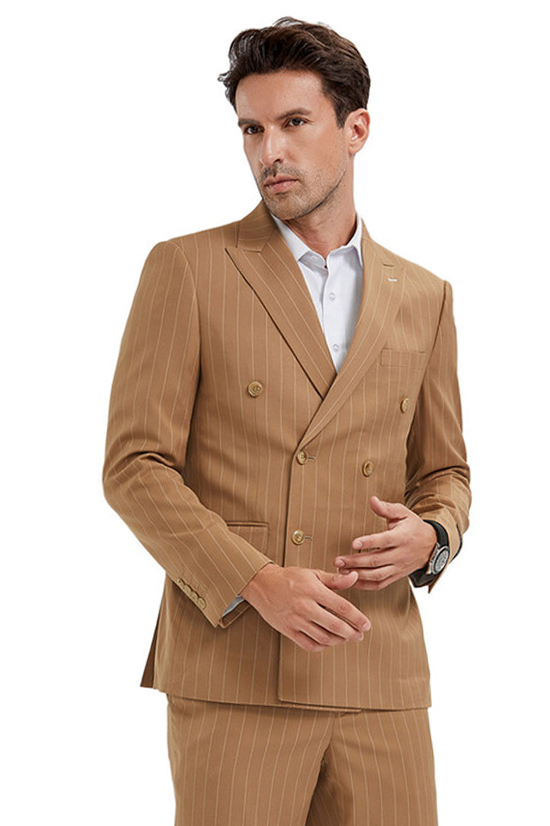 Men's Slim Fit Double Breasted Bold Gangster Pinstripe Suit in Camel