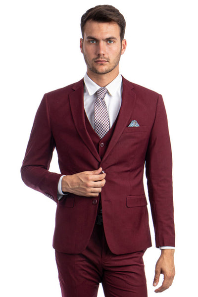 Men's Two Button Slim Fit Vested Solid Basic Color Suit in Burgundy