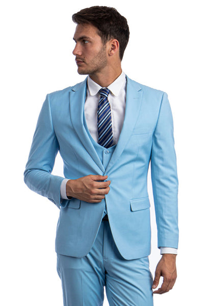 Men's One Button Peak Lapel Skinny Wedding & Prom Suit with Lowcut Vest in Sky Blue