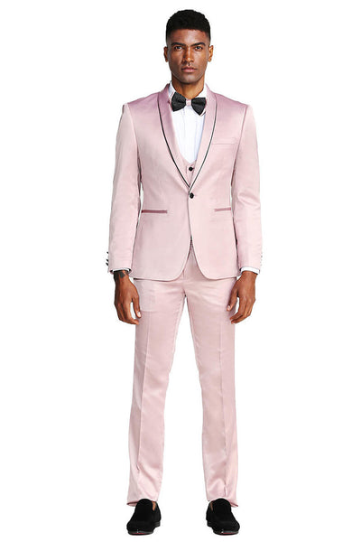 Men's Slim Fit Vested Shiny Satin Prom & Wedding Tuxedo Suit in Rose Pink