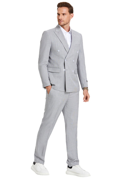 Men's Slim Fit Double Breasted Summer Pastel Suit in Light Grey Pinstripe