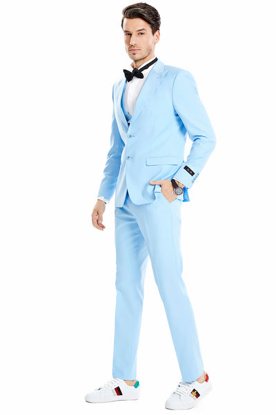 Men's Two Button Vested Peak Lapel Pastel Wedding & Prom Suit in Sky Blue