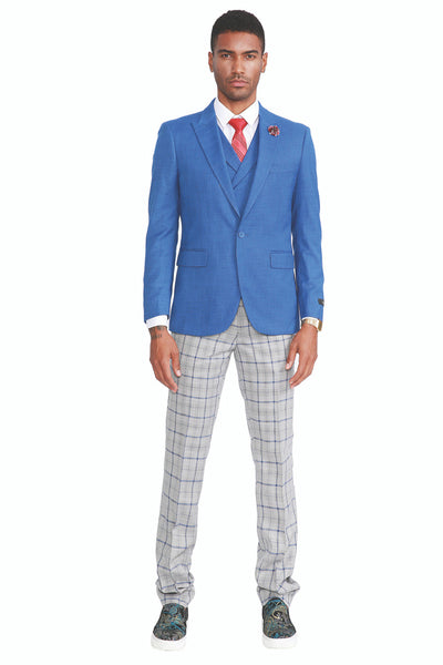 Men's One Button Vested Peak Lapel Suit in French Blue with Grey & Blue Plaid Pants