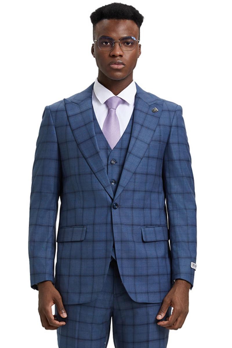Men's Stacy Adams One Button Vested Suit in Midnight Blue Windowpane Plaid