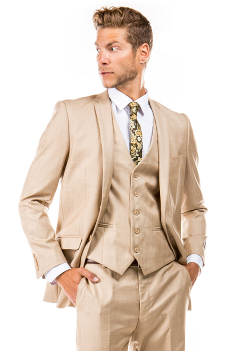 Men's Two Button Vested Business Sharkskin Suit in Dark Tan