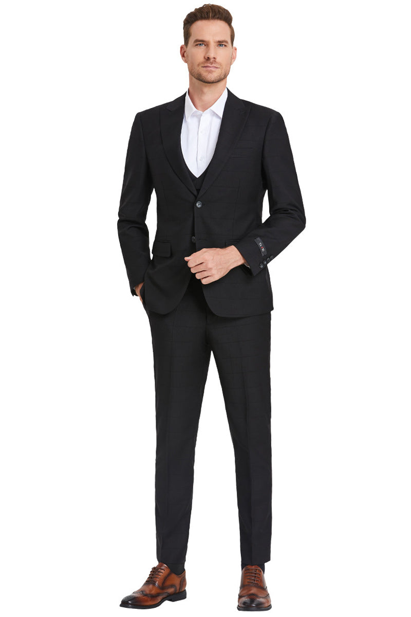 Men's Two Button Vested Peak Lapel Sharkskin Suit in Black Windowpane Plaid