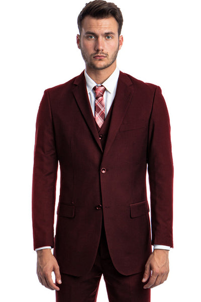 Men's Vested Two Button Solid Color Wedding & Business Suit in Burgundy