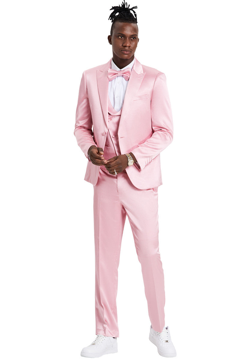 Men's One Button Vested Shiny Satin Sharkskin Prom & Wedding Party Suit in Dusty Rose